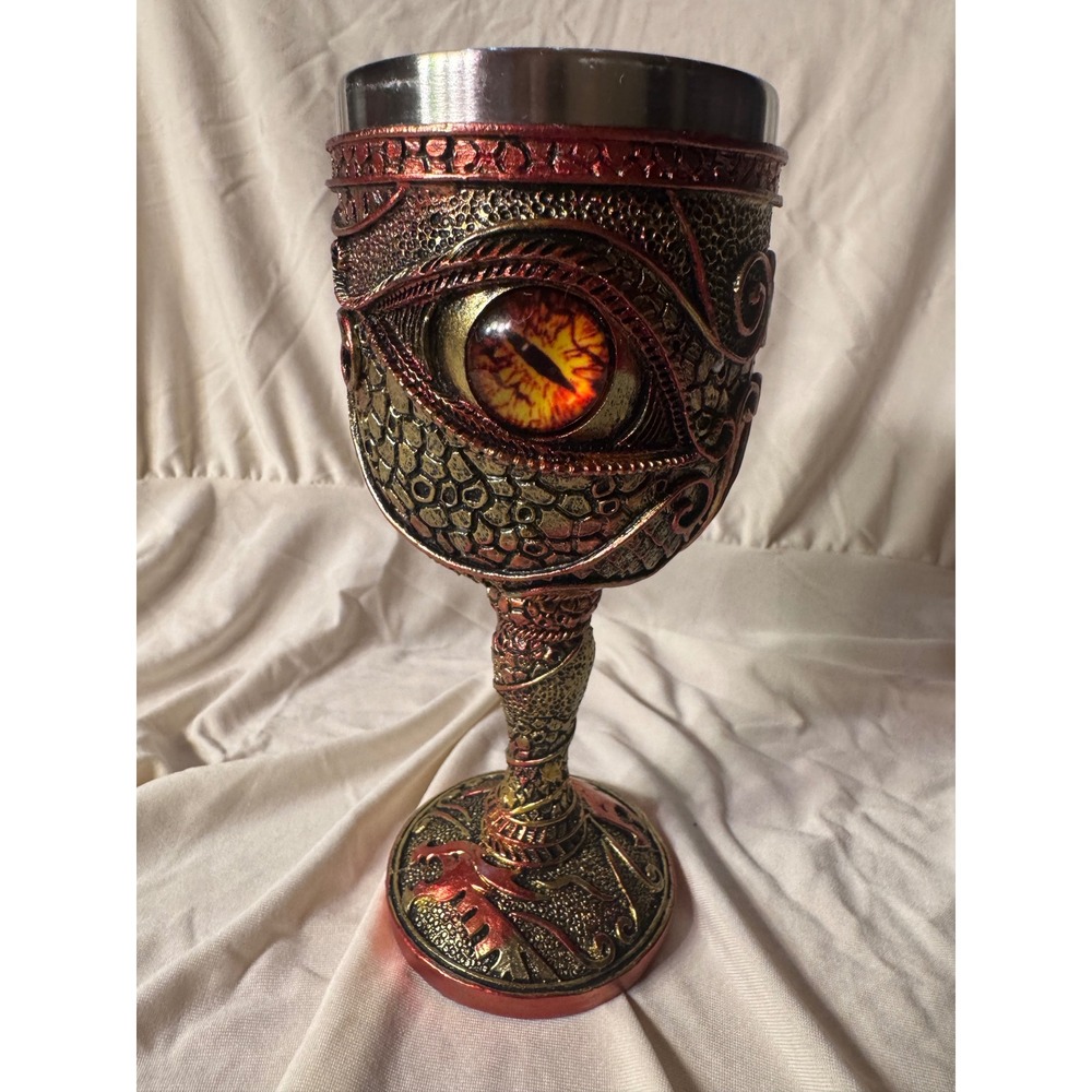 Dragon Eye Gothic Chalice Goblet Stainless Steel Fantasy Medieval Decor Red Gold - Picture 12 of 14